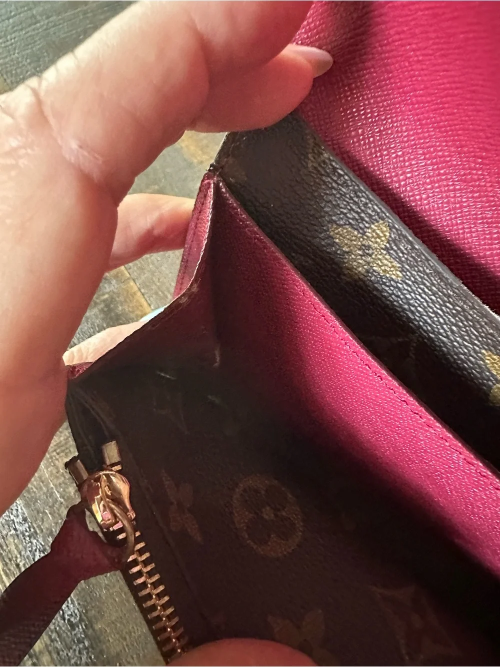 Louis Vuitton Brown Monogram  Emilie  Wallet with Red Snap